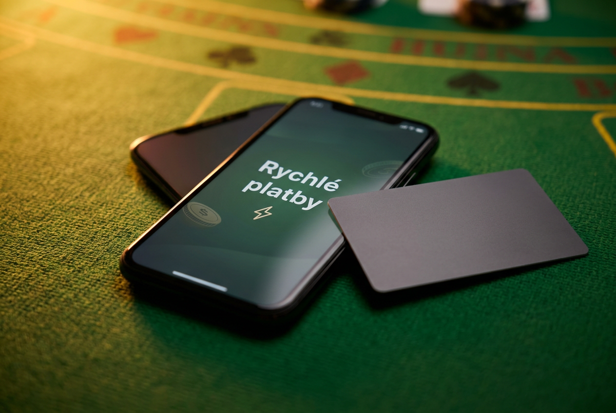 Detailní záběr na smartphone a neoznačenou platební kartu na zeleném kasinovém plátně s textem Rychlé platby